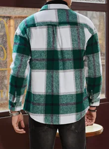 Back view of a high-quality green and white plaid flannel shirt with a relaxed fit.