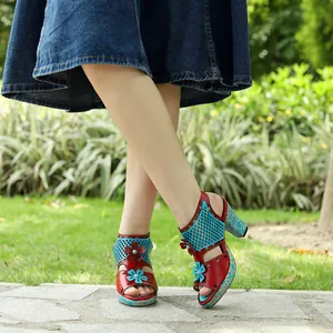 Retro Sheepskin Hand-Rubbed High Heel Sandals For Women Laser Hollow-out Floral Contrast Color Chunky Heel Ethnic Sandals