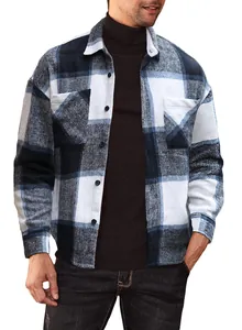 Classic blue and white plaid flannel button-down shirt for men with a relaxed fit detail