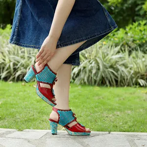 Retro genuine leather chunky heel sandals with hollow floral pattern and color blocking
