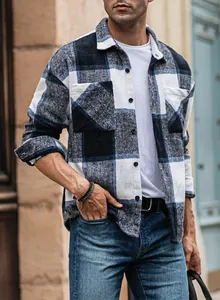 Classic blue and white plaid flannel shirt for men in a casual outdoor setting