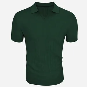Detailed view of a dark green ribbed knit polo shirt featuring a stylish V-neck design