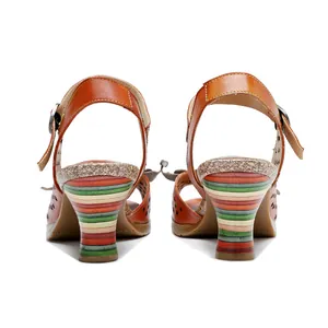 Rear detail view of genuine leather sandals featuring unique colorful striped chunky heels