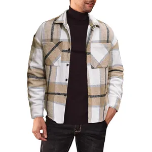 Men's loose fit long sleeve plaid flannel shirt with lapel collar and button closure