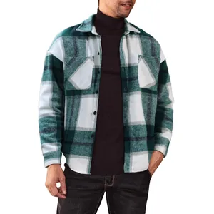 Men's stylish green plaid flannel shirt with long sleeves and a relaxed loose fit design