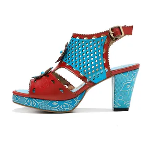 Side view detail of vintage handmade leather hollow-out color-block high heel sandals