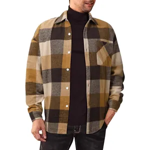 Loose fit men's plaid flannel long sleeve shirt with lapel and button-down front