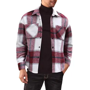 Men's oversized red and white plaid flannel long sleeve shirt with double chest pockets