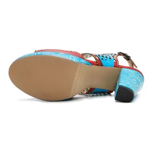 Detail showing the textured sole and block heel of these handmade retro leather sandals.