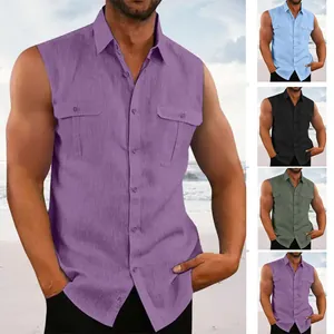 Men Sleeveless Cotton Casual Shirt Fashion Solid Color Lapel Top With Pocket Loose Comfortable Breathable Beach Vest Shirt