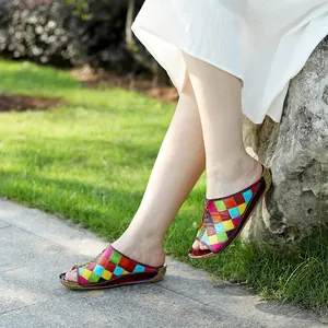 Pantofole da Donna in Pelle di Pecora Fatte a Mano Vintage Plaid Color-blocking Bohémien Slides Piatte Punta Aperta Comode Sandali Estivi Casual