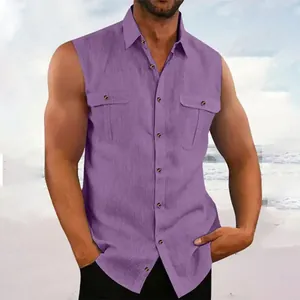 Front view of men's purple cotton linen sleeveless button-down shirt with chest pockets
