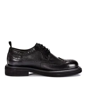 Detailed side view of black leather brogue shoes with classic wingtip perforations