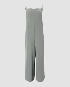 A detailed front view of a sage green ice silk spaghetti strap wide-leg jumpsuit