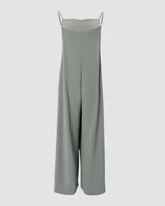 Rear view of women's grey ice silk jumpsuit featuring adjustable spaghetti straps.