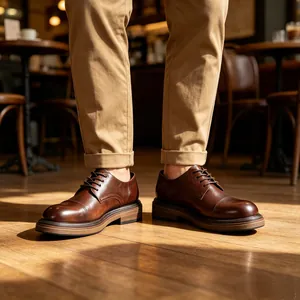 Primer plano de zapatos derby de cuero marrón vintage para hombre en un café acogedor