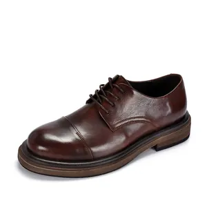Zapatos Derby de Cuero de Vaca Hechos a Mano para Hombre Vintage Británico Punta de Capuchón Plataforma Negocios Boda Novio