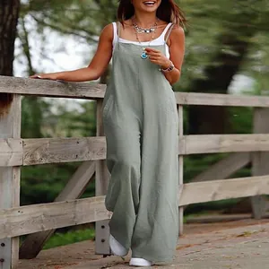 Women Summer Spaghetti Strap Wide Leg Jumpsuit Casual Solid Color Polyester Loose Romper Sleeveless Overalls With Pockets