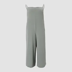 Minimalist women's ice silk solid color spaghetti strap wide leg jumpsuit summer