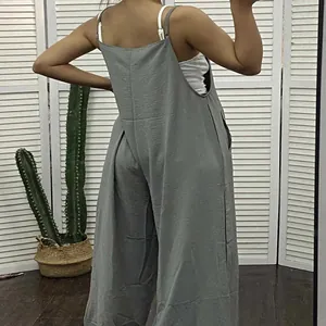 Back view of a casual women's ice silk gray wide-leg jumpsuit with adjustable straps