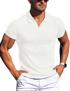 Detailed macro texture of white vertical ribbed men's V-neck polo shirt on model