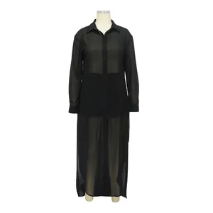Camisa de playa sexy de gasa negra transparente con mangas largas
