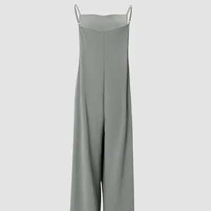 Elegant sage green ice silk wide-leg jumpsuit with delicate adjustable spaghetti straps.
