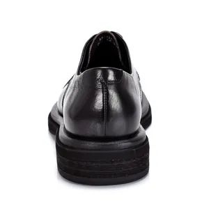 Vista trasera detallada de zapatos Derby de cuero negro con suela gruesa y textura