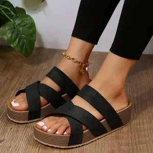 Stylish black criss-cross strap platform wedge sandals for women casual wear