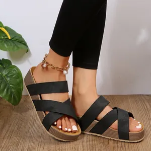 Women's Casual PU Leather Cross Strap Platform Slides Woven Texture Thick Sole Non-Slip Summer Beach Sandals For Women
