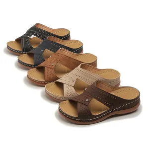 Detailed view of comfortable wedge platform sandals in five colors with laser-cut straps