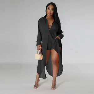 Conjunto playero sexy de gasa negra de 3 piezas con blusón largo y pantalones.