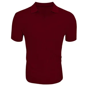 Close-up detail of a men's burgundy ribbed short sleeve polo shirt featuring a stylish V-neck collar