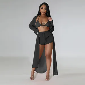 Conjunto de playa de 3 piezas de gasa negra con pareo largo, top de bikini y pantalones cortos
