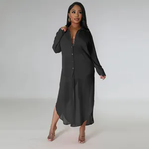 Camisa larga de playa sexy de gasa negra transparente con diseño de botones