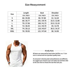 Detailed size measurement table for men's sleeveless cotton sports tank top