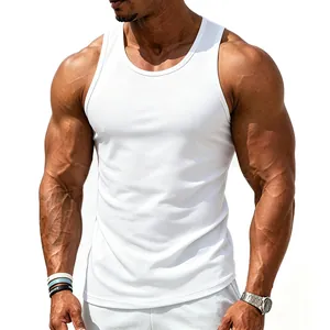 Detail showing the athletic fit and breathable fabric of this white men's tank top