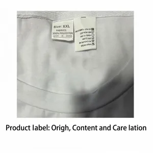 Detail of wash care label on white men's sport tank top showing material and size