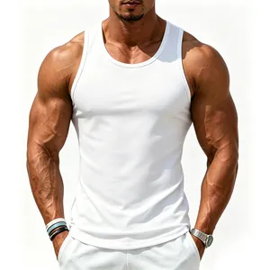 Detailed view of a men's white slim-fit cotton tank top gym vest for sports and fitness