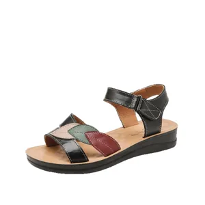 Comfortable genuine leather women's sandals featuring colorful leaf patterns and soft soles