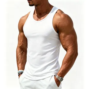 Close-up detail of a white athletic cotton tank top on a muscular male model.