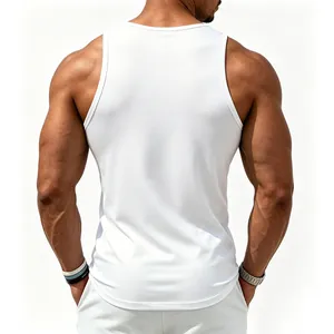 Detailed back view of a muscular man wearing a premium white athletic cotton tank top