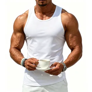 Detail showing the athletic fit of a muscular man wearing a white premium cotton tank top