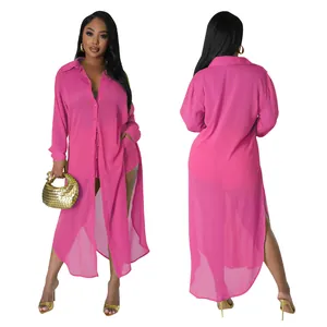 Conjunto de playa de dos piezas con camisa larga de gasa rosa sexy y pantalones cortos