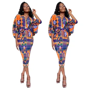 Vestido estampado africano cuello en V mangas murciélago, patrón geométrico vibrante, midi