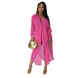 Conjunto de playa de dos piezas en gasa rosa transparente con camisa larga