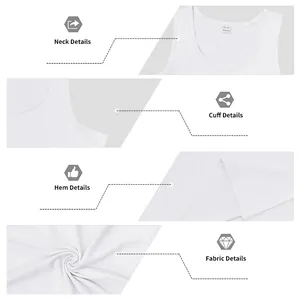 Detailed views of white cotton tank top showing neck, cuff, hem and fabric texture.