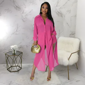Conjunto sexy de dos piezas de gasa rosa intenso con camisa larga y pantalones cortos
