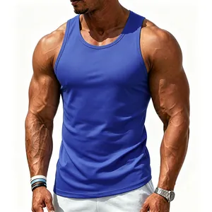 Detailed shot of a vibrant blue men's sports tank top with a comfortable cotton texture