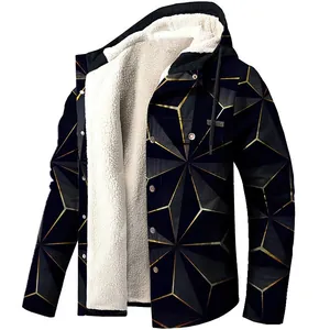 Men's Fleece Lined Hooded Jacket Fashion 3D Geometric Printed Casual Warm Outerwear Loose Fit Snap Button Jacket Top